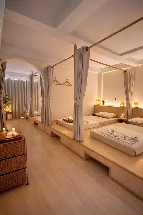 Massage room arranged for multiple guests